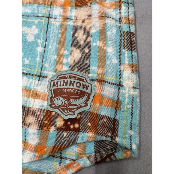 Angry Minnow Shirt Mens Medium Blue Brown Plaid Flannel Button Up Kind Of Weird - Picture 8 of 11